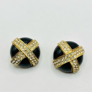 Vintage Ciner Earrings Signed Gold tone Black Enamel Rhinestone Runway Clip Ons